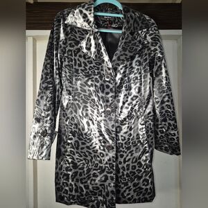 Dennis Basso Black and Gray Animal Print Trench Coat Y2k